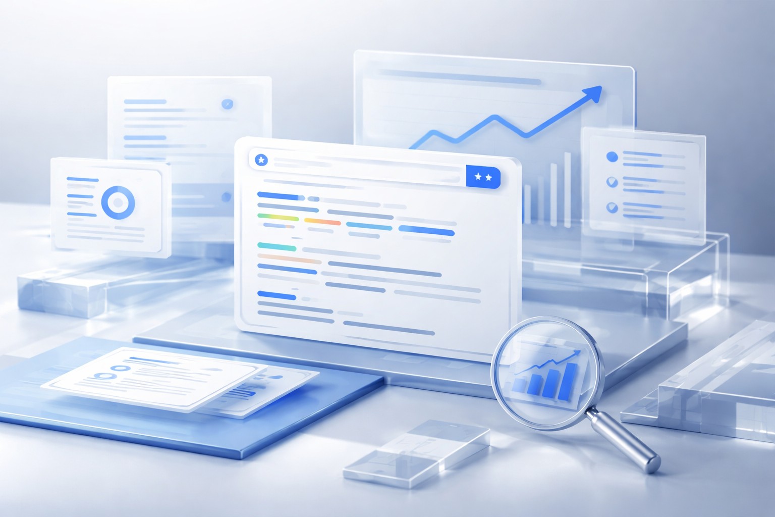 Illustration éditoriale premium de balise SEO avec modules de résultats de recherche, blocs de métadonnées et indicateurs de visibilité organique sur fond digital bleu
