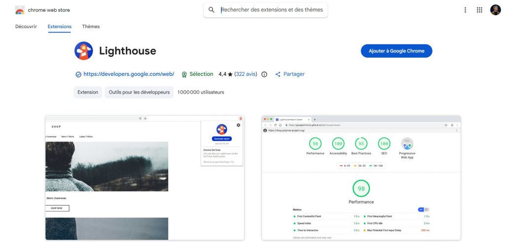 Capture du Chrome Web Store présentant l’extension Lighthouse de Google avec aperçu des rapports de performance et d’accessibilité