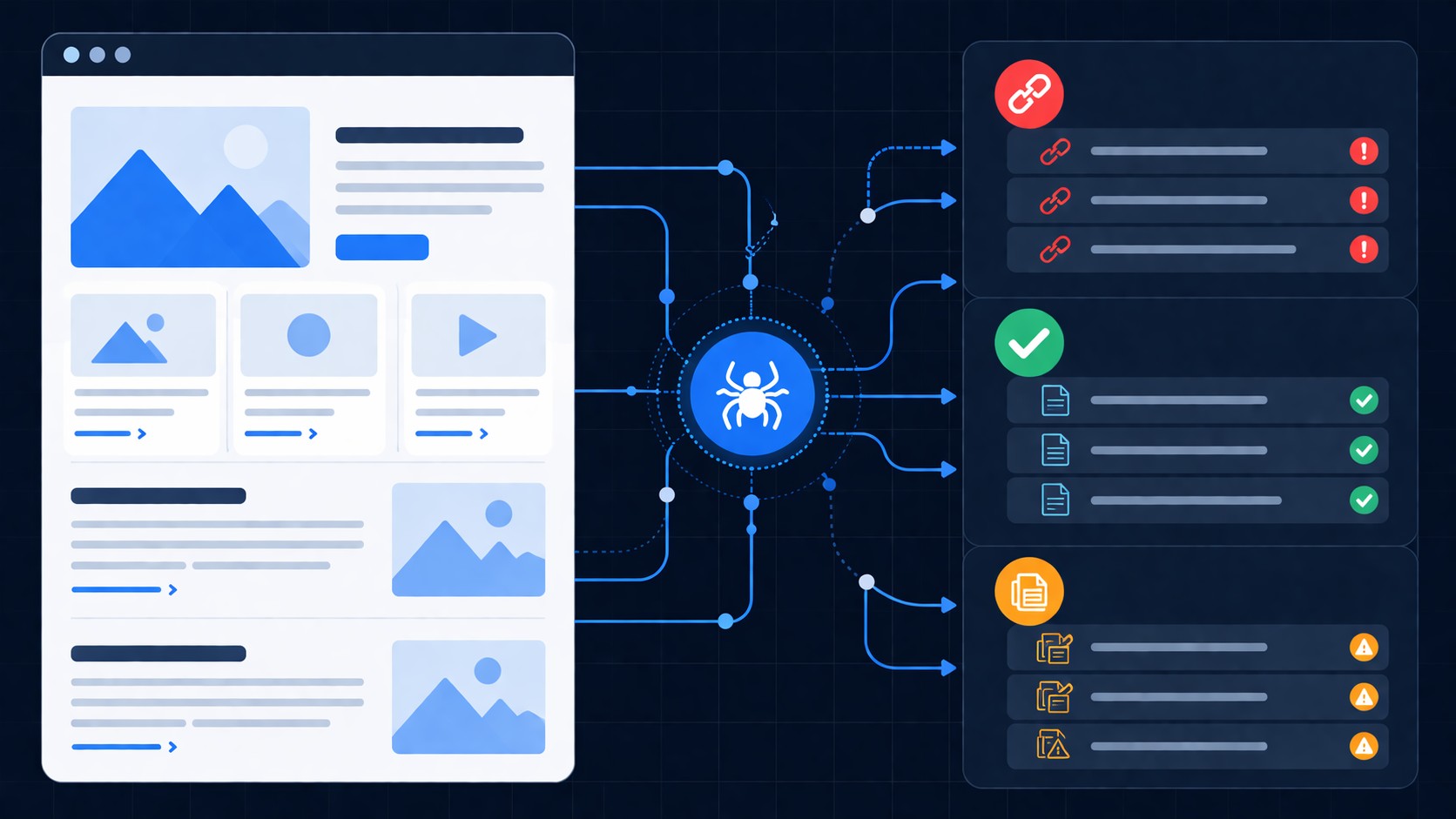 Balise meta robots : maîtriser l'indexation de vos pages 1 Audit SEO technique montrant un site web crawlé avec structure de pages, liens et alertes d'indexation