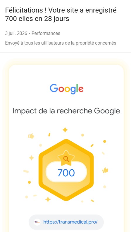 Transmedical Google Search Console 700 clics en 28 jours 3 juillet 2026 format vertical 9/16