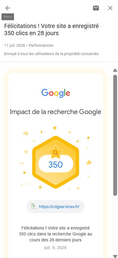 Notification Google Search Console félicitant le site cdgservices.fr pour avoir enregistré 350 clics dans la recherche Google au cours des 28 derniers jours, résultat marquant affiché dans l’email du 11-07-2026, capture mobile verticale au format PNG 396 × 867.