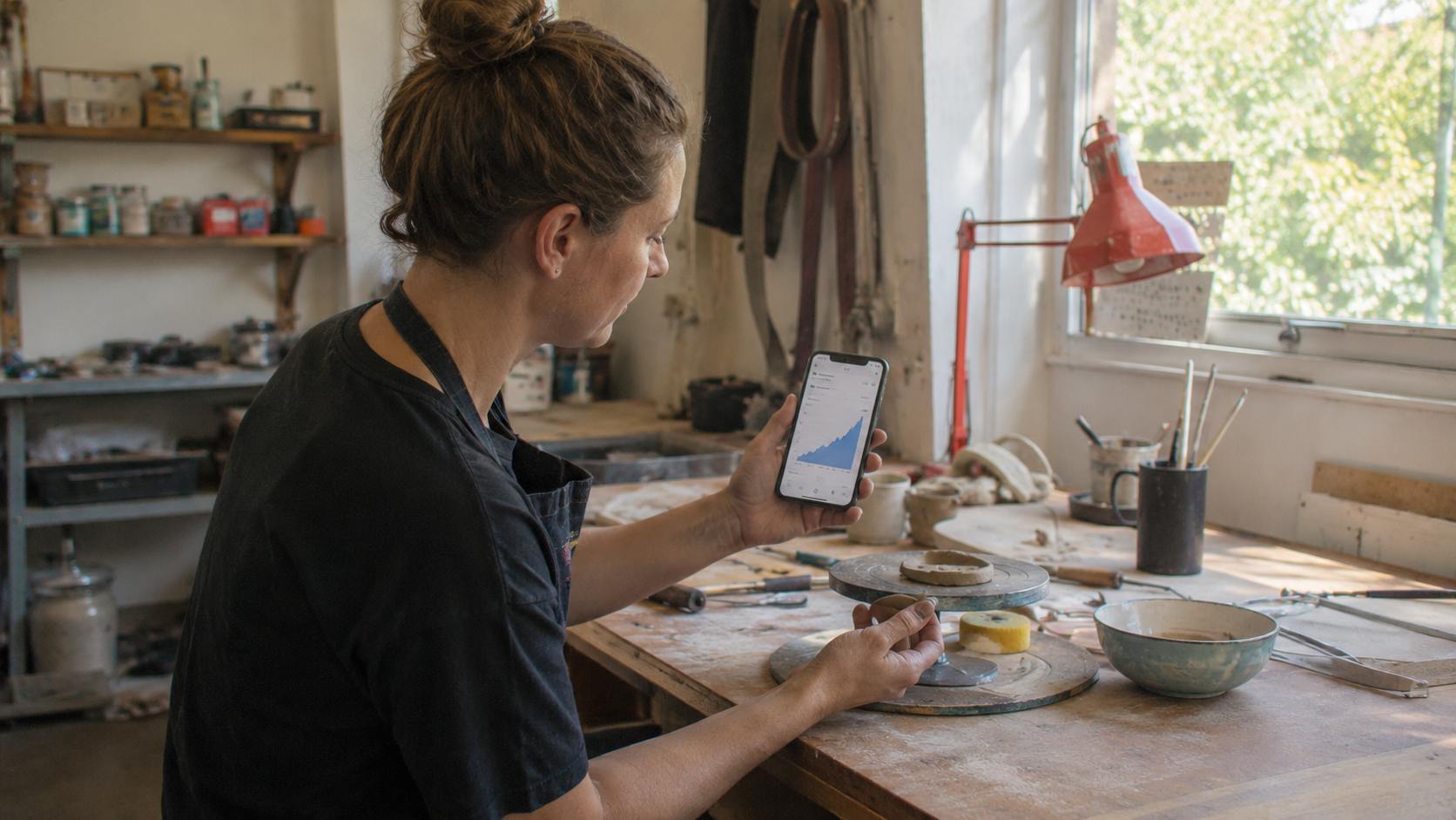 Céramiste en tablier noir consultant une courbe de fréquentation en hausse sur son smartphone dans son atelier