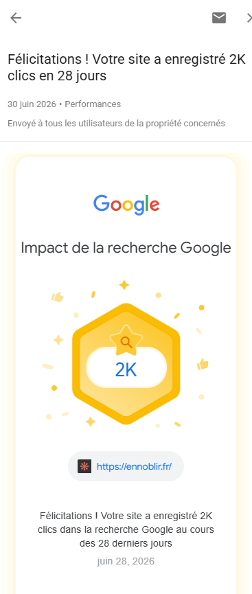 ennoblir.fr Google Search Console Impact de la recherche Google 2K clics en 28 jours 30 juin 2026 format vertical PNG