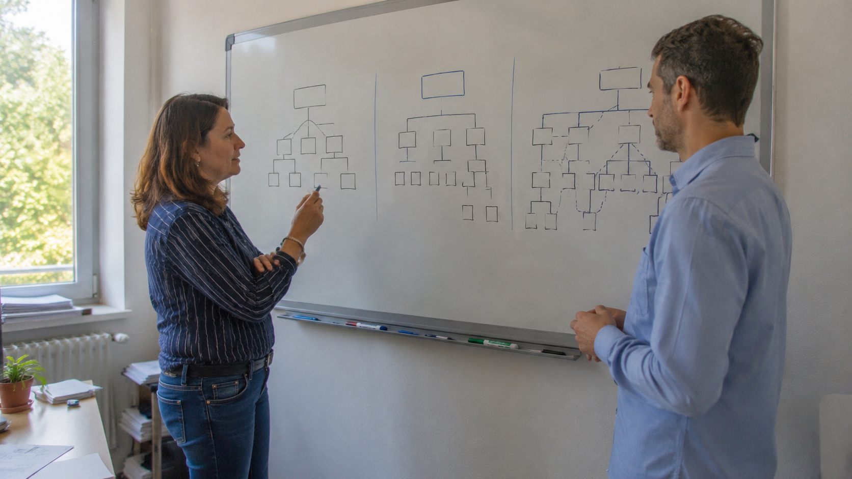 Deux consultants dessinant l'architecture d'un site en piliers et satellites sur un tableau blanc