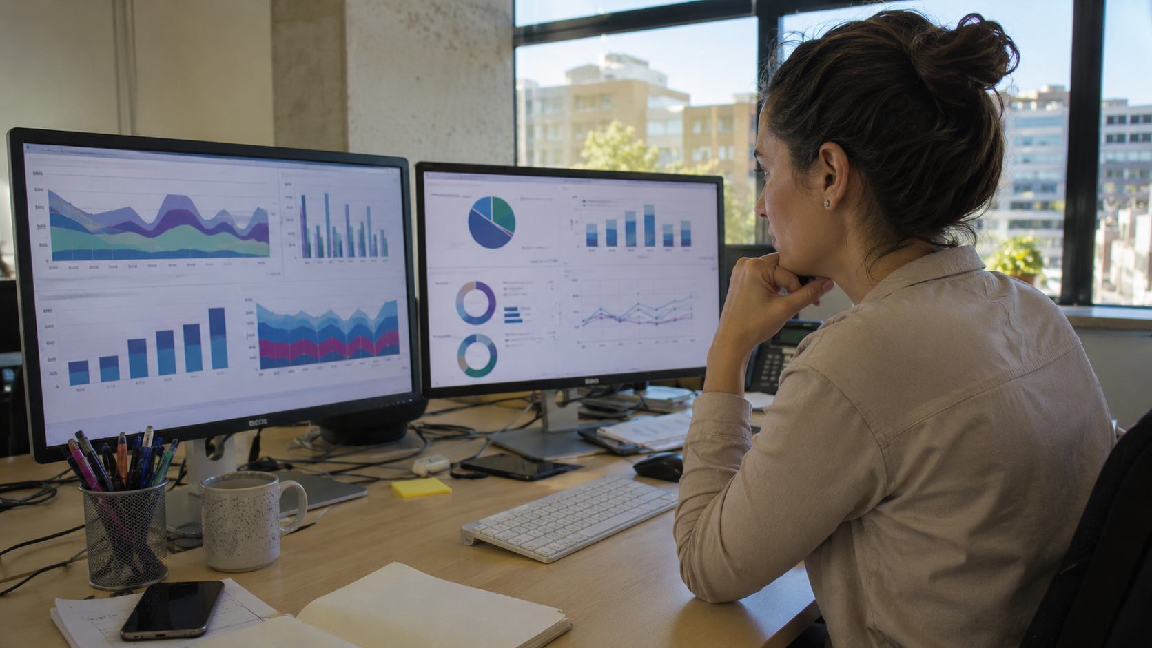 Responsable marketing analysant des tableaux de bord de performance sur deux écrans pour piloter son calendrier éditorial SEO