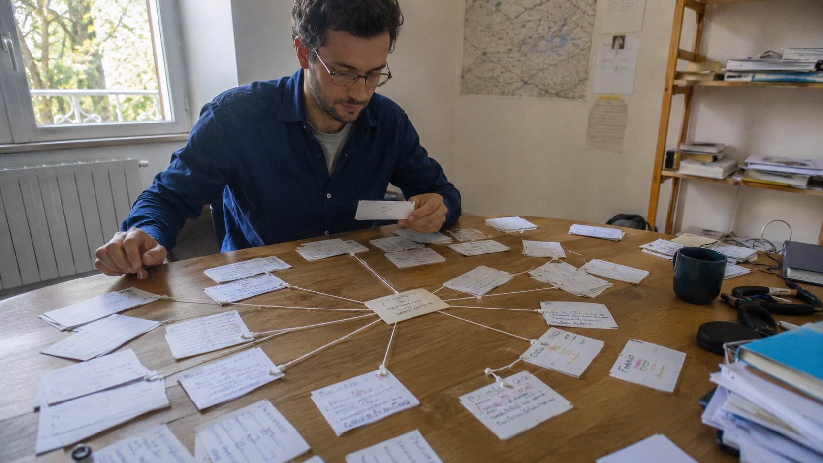 Consultant reliant ses fiches de contenu par des fils pour structurer la séquence de production étape par étape