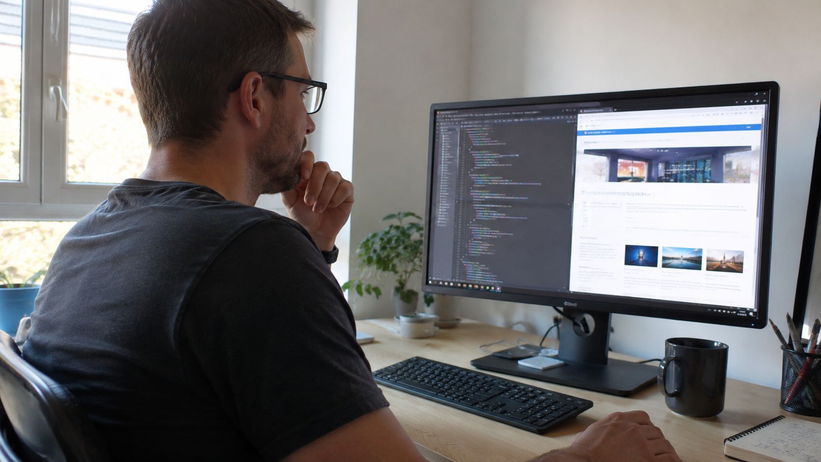 Développeur configurant le balisage d'un site WordPress avec l'éditeur de code et l'aperçu de la page côte à côte