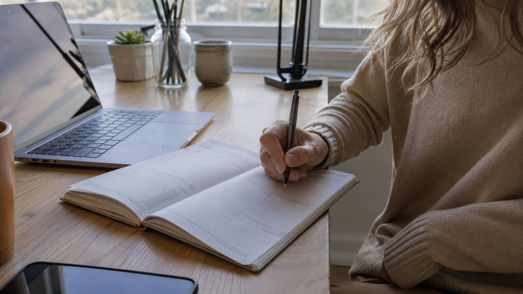 Rédactrice notant son planning de publication dans un carnet à côté de son ordinateur pour tenir une cadence régulière