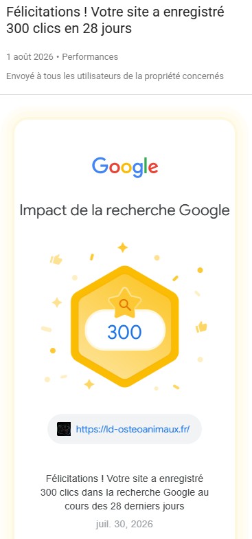 Notification Google Search Console propriete ld-osteoanimaux.fr, rapport Performances, palier de 300 clics organiques cumules sur 28 jours glissants (periode arretee au 30 juillet 2026), message envoye le 1er aout 2026, client LD Osteo Animaux, osteopathie animale, suivi SEO Heroic Impulsion