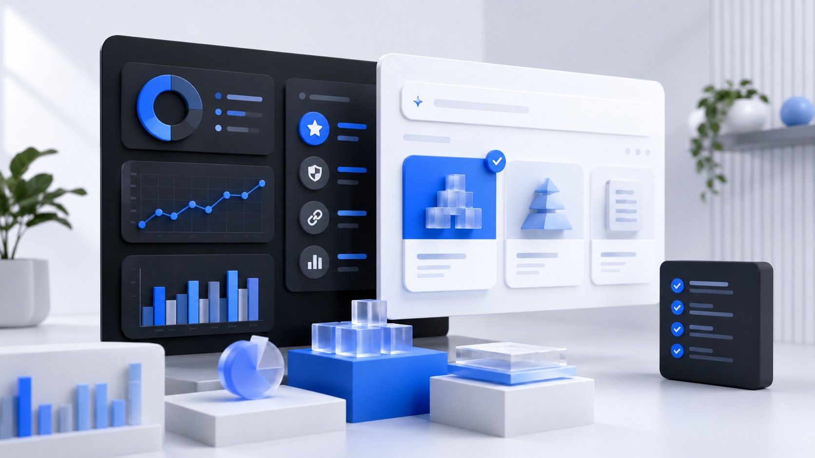 Illustration 3D SEO Google AI Mode, interface de recherche IA avec cartes de contenus structurés, panneau analytics et modules de sources et citations