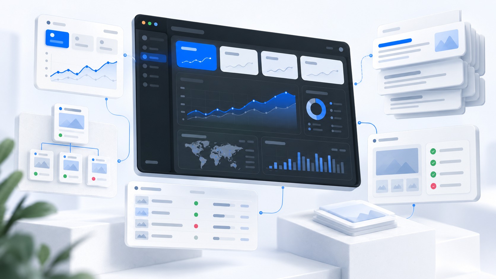 Tableau de bord SEO inspiré de Google Search Console avec courbe de performances organiques, indexation et analyse des pages