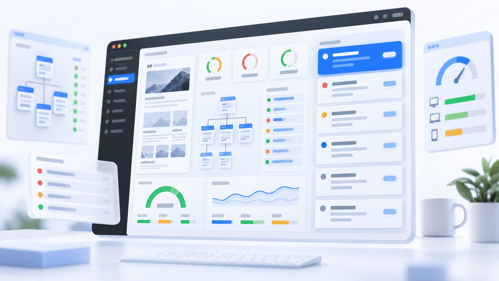 Tableau de bord de diagnostic SEO WordPress avec arborescence du site et plan d’action priorisé