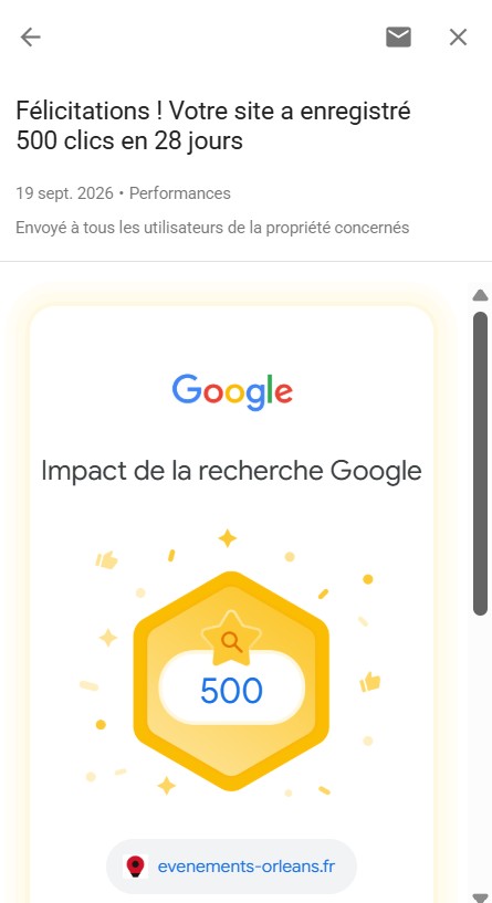 Capture notification Google Search Console evenements-orleans.fr, écran Impact de la recherche Google, badge jaune 500 clics enregistrés sur 28 jours, message de félicitations Performances, 19 septembre 2026
