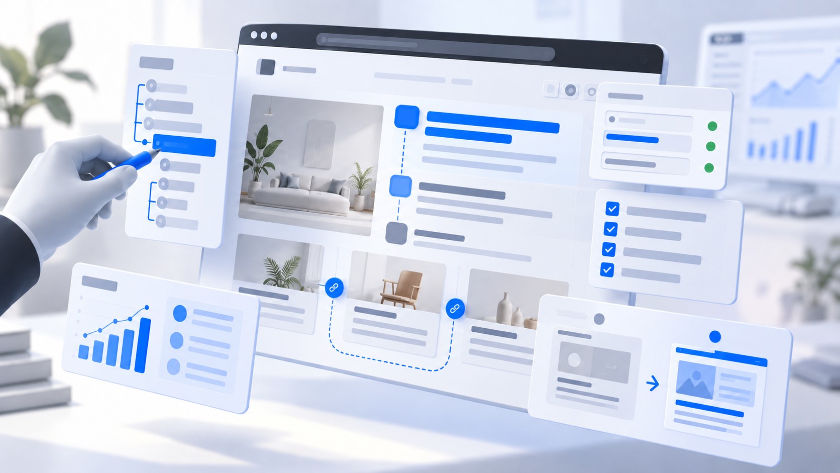 Formation SEO sur site : interface d'audit avec arborescence de pages, maillage interne et suivi de progression