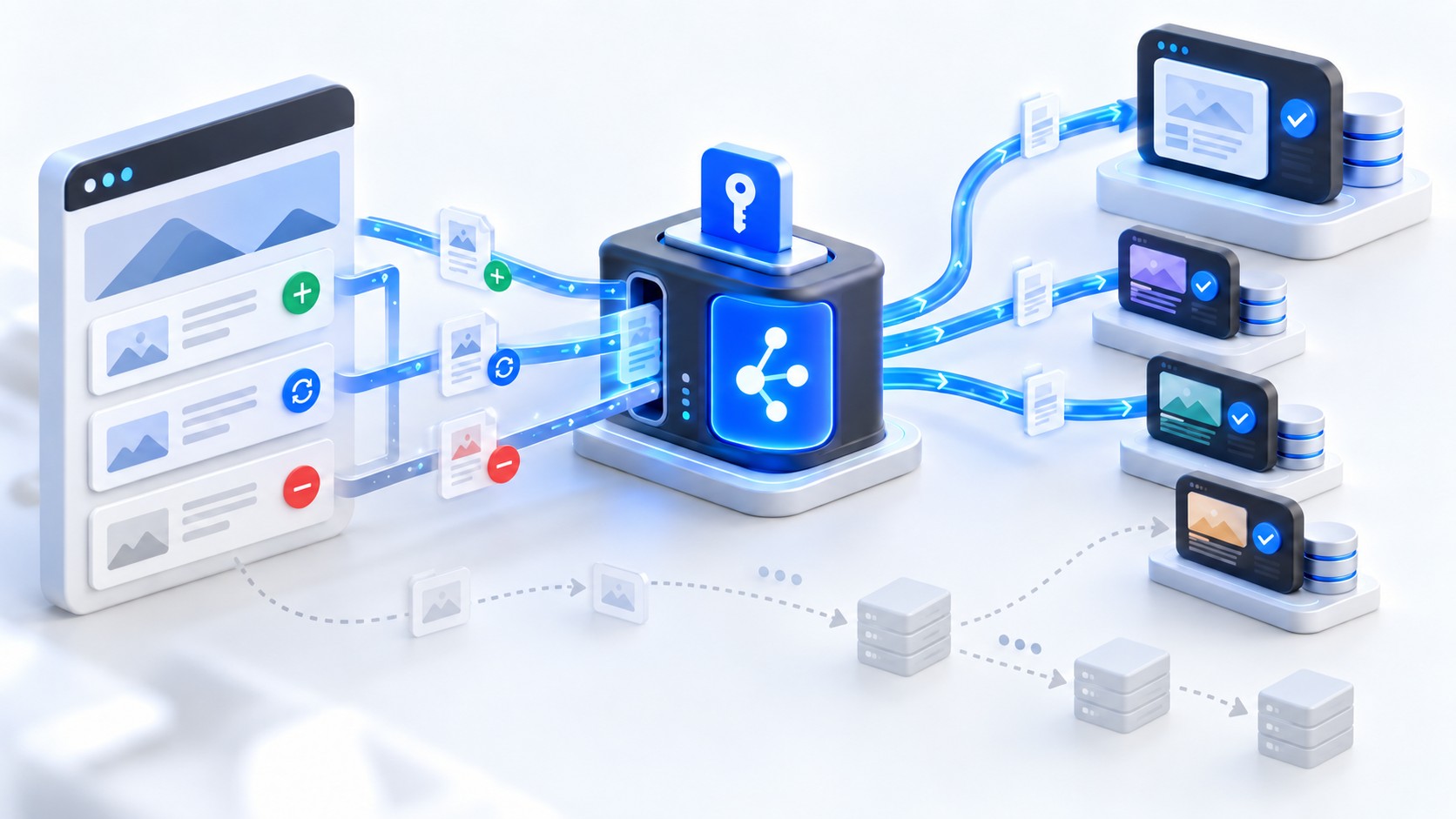 Schéma 3D du protocole IndexNow utilisé par Rank Math : les URL publiées passent par une passerelle API avec clé d'accès, puis sont transmises aux moteurs participants