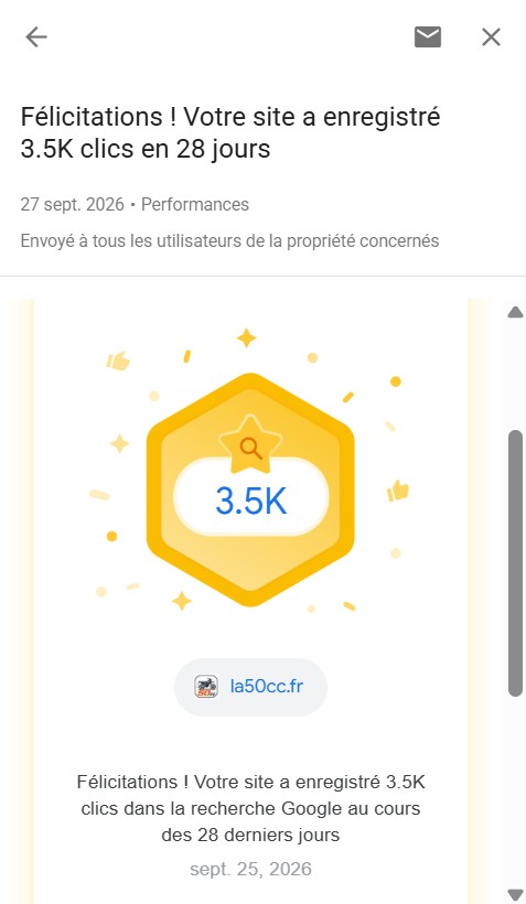 Capture Google Search Console pour la50cc.fr, notification Performances du 27 septembre 2026, badge jaune 3,5K, 3 500 clics enregistrés dans la recherche Google sur les 28 derniers jours