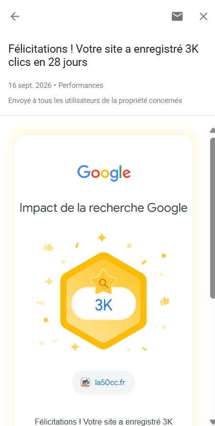 notification Google Search Console pour la50cc.fr, écran Impact de la recherche Google, badge jaune 3K, félicitations pour 3 000 clics enregistrés sur 28 jours, message de performance daté du 16 septembre 2026